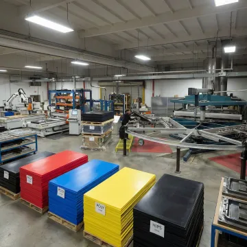 Modern thermoforming production floor with CNC equipment and PS plastic sheets