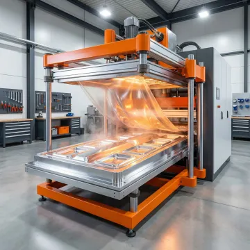 Industrial thermoforming machine heating plastic sheet for custom vacuum forming process