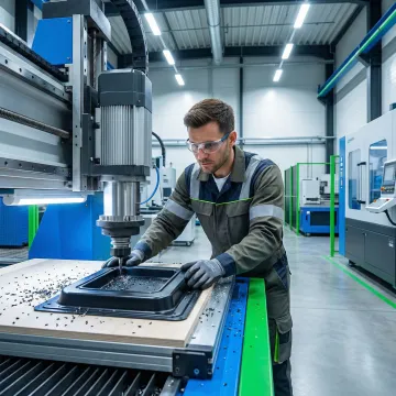 Technician operating CNC trimming center for precision plastic part finishing