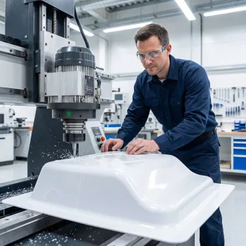 Technician operating CNC trimming equipment on thermoformed plastic part