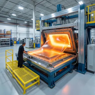 Industrial thermoforming machine creating custom plastic components in manufacturing facility