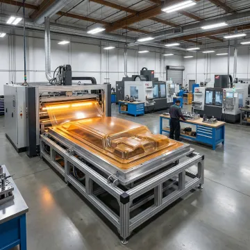 Industrial thermoforming machine heating plastic sheet for custom vacuum forming production