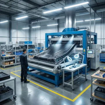 Industrial thermoforming machine shaping heated plastic sheet over custom mold in modern manufacturing facility