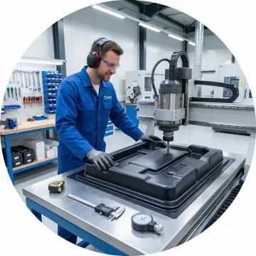 Technician operating CNC trimming equipment on large thermoformed plastic component