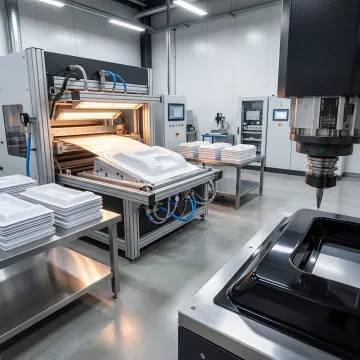 Custom ABS plastic prototype parts being manufactured on thermoforming equipment