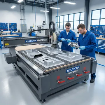 Aerospace thermoformed plastic components being precision-trimmed in a manufacturing facility