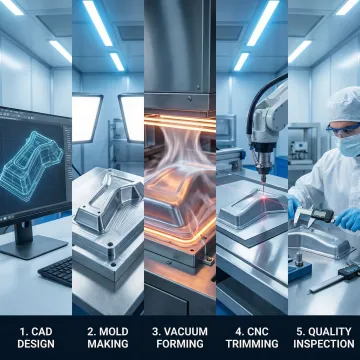 Step-by-step aerospace thermoforming process from design to finished plastic component