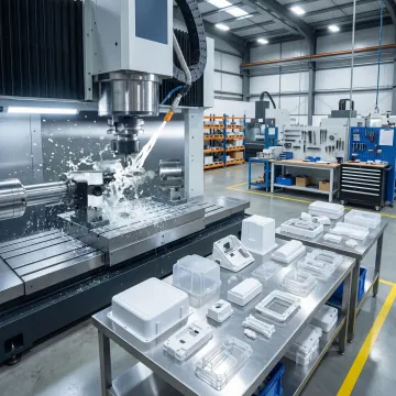 Precision plastic parts being manufactured on a CNC trimming machine in an industrial facility