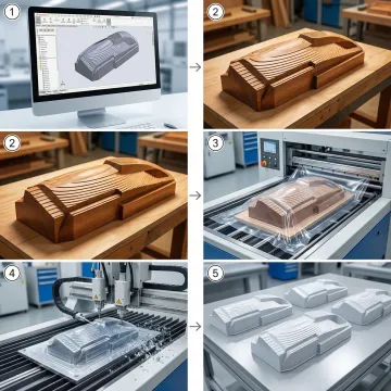 Step-by-step plastic part manufacturing process from design to finished thermoformed components