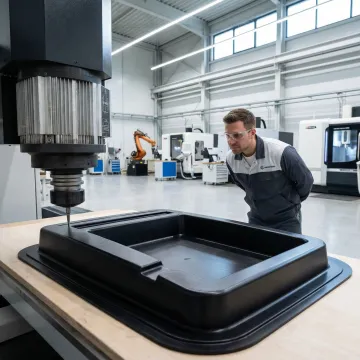 Technician operating CNC trimming equipment for custom plastic part fabrication in a manufacturing facility