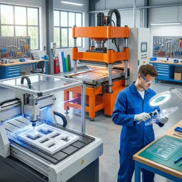 Plastic fabrication production line with CNC machinery and quality inspection of custom parts