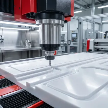 CNC router cutting precision plastic parts in a manufacturing facility