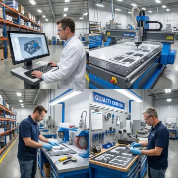 CNC routing process steps showing plastic part trimming and finishing in a factory