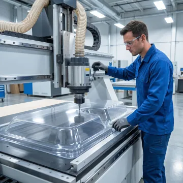 Technician operating CNC machine to fabricate a retail display prototype from plastic sheet