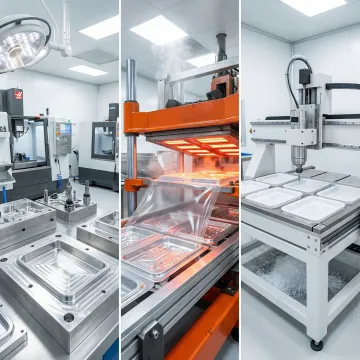 Step-by-step medical device thermoforming manufacturing process in a production facility