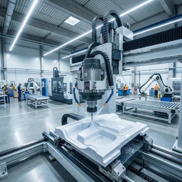 CNC routing process showing plastic part being trimmed on a multi-axis CNC machine in a manufacturing facility