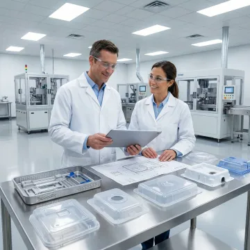 Engineering team reviewing plastic thermoforming production process for medical OEM parts