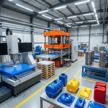 Step-by-step plastic tank fabrication process in a manufacturing plant