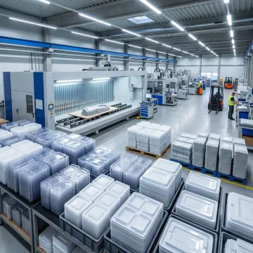 Custom vacuum formed plastic trays and thermoformed packaging components in a manufacturing facility