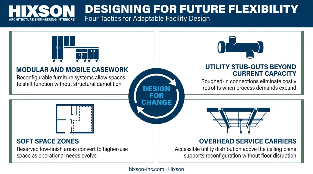 Four future flexibility strategies for R&amp;D lab design modular casework utility stub-outs soft space