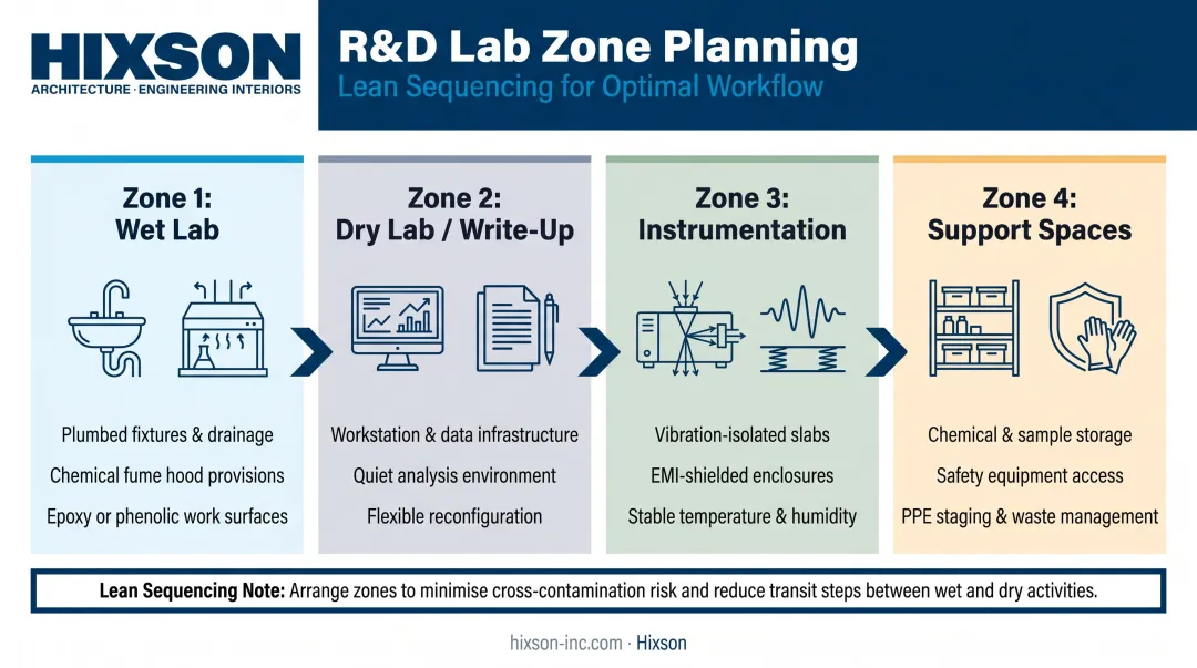 Four R&amp;D lab functional zones wet dry instrumentation support areas layout diagram