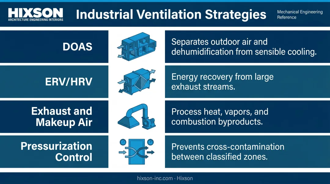 Industrial HVAC ventilation strategy types by zone comparison infographic