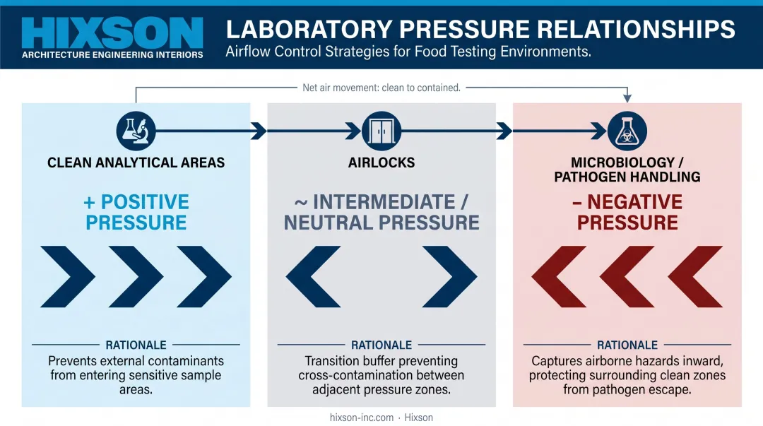 Food lab HVAC pressure relationships by zone clean analytical microbiology and airlock areas