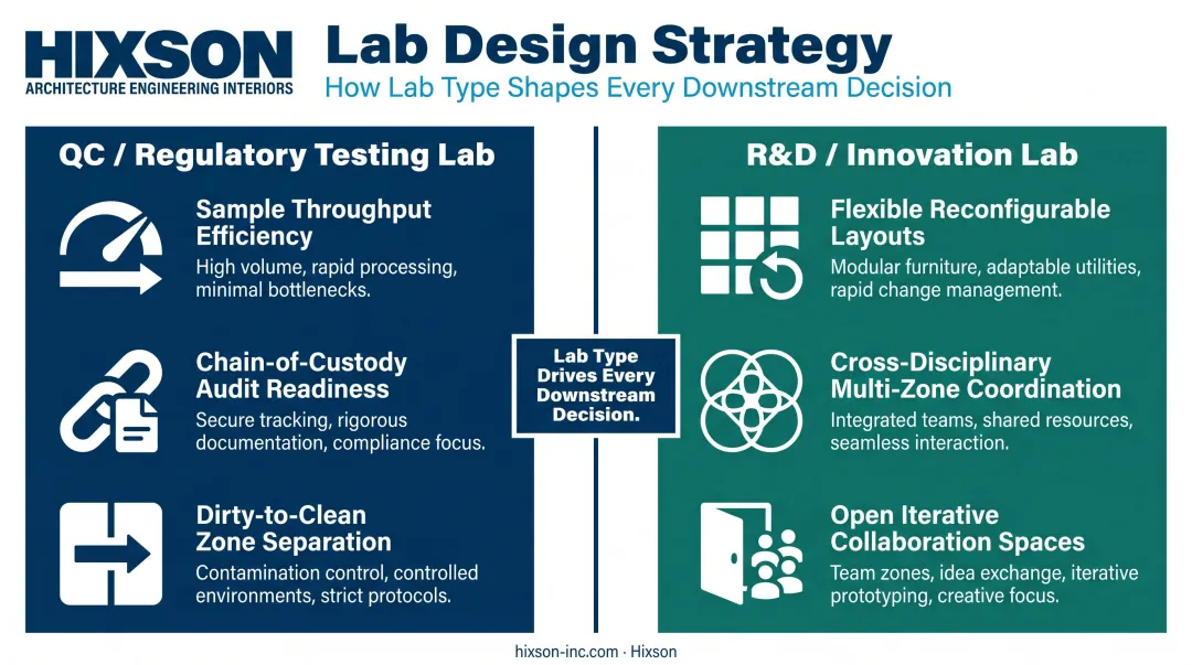 QC regulatory lab versus R&amp;D innovation lab design priorities side-by-side comparison