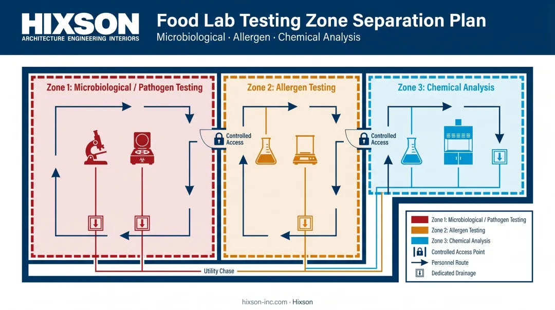 Food testing lab zone separation layout showing microbiology allergen and chemical analysis areas