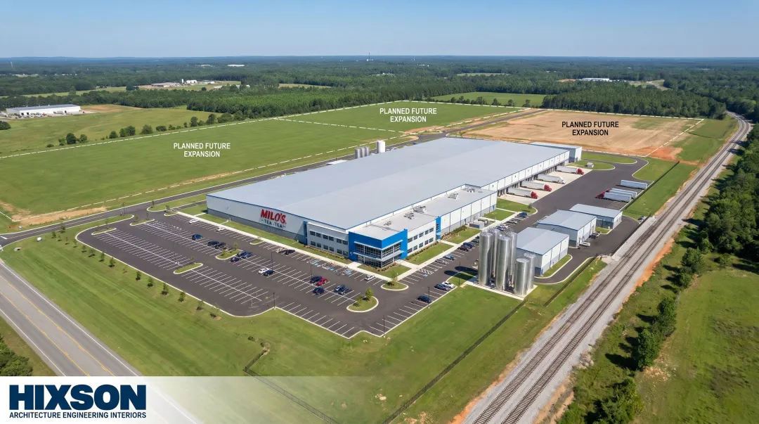 Milo's Tea Company food manufacturing facility exterior showing master planned expansion site
