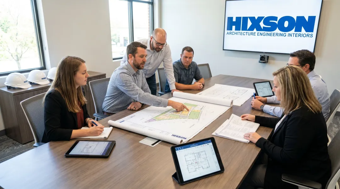 Hixson engineering team reviewing food manufacturing facility site selection criteria documents
