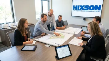 Hixson engineering team reviewing food manufacturing facility site selection criteria documents