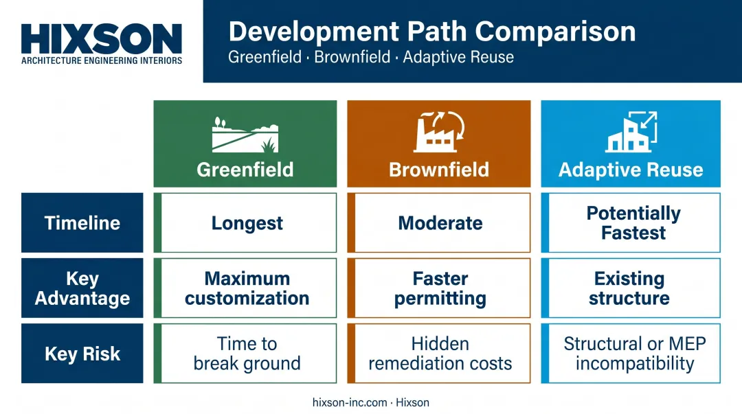 Greenfield brownfield and adaptive reuse facility development path comparison chart