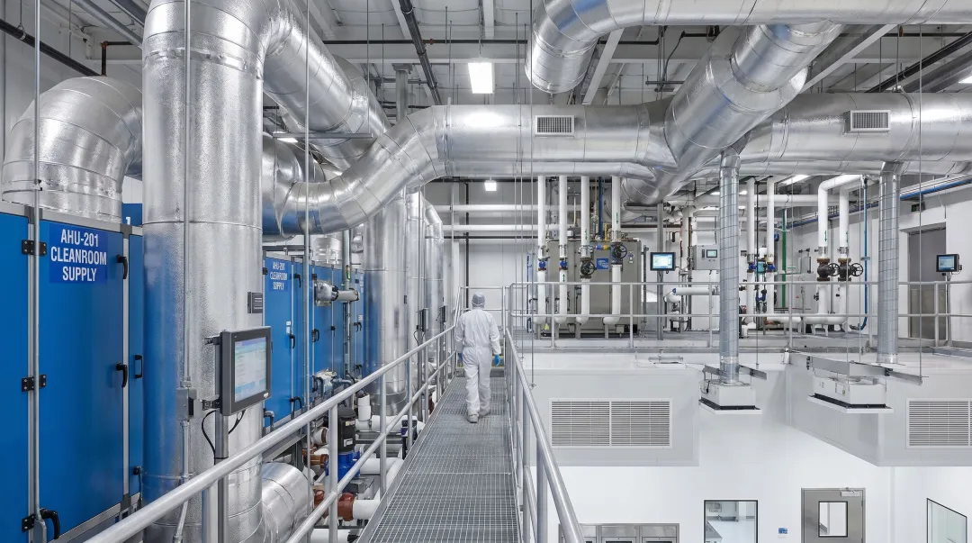 Pharmaceutical HVAC air handling unit installation inside large-scale manufacturing facility