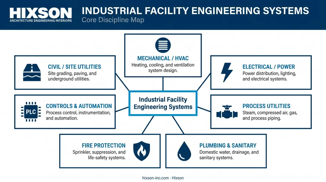 Seven core engineering systems found in industrial manufacturing facilities overview