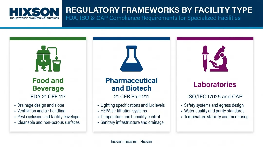 Regulatory compliance requirements comparison for food pharma and laboratory technical facilities