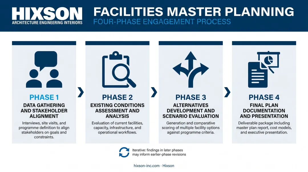 Four-phase facilities master planning process from data gathering to final plan delivery