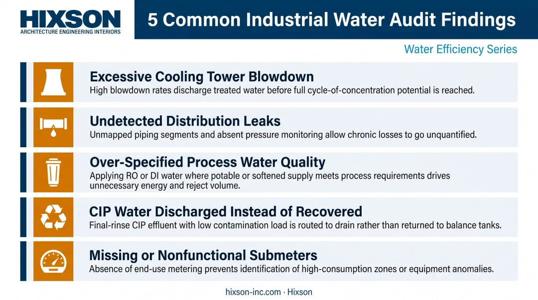 Five common industrial water audit findings with efficiency improvement opportunities listed