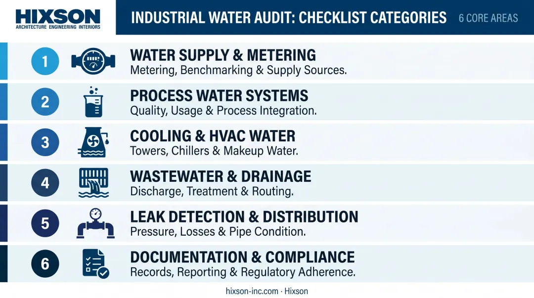 Six-category industrial water audit checklist overview with key inspection points