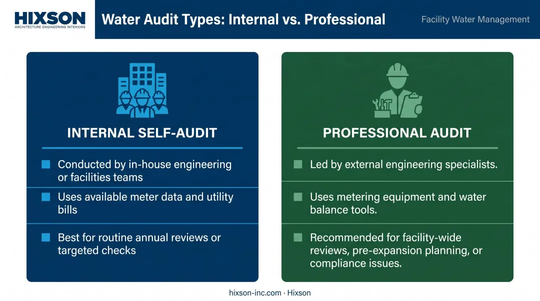 Internal self-audit versus professional water audit comparison side-by-side infographic