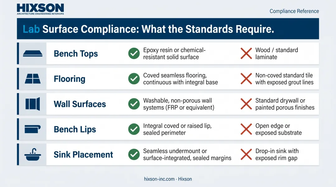 Laboratory surface material compliance requirements five finishes comparison specifications infographic