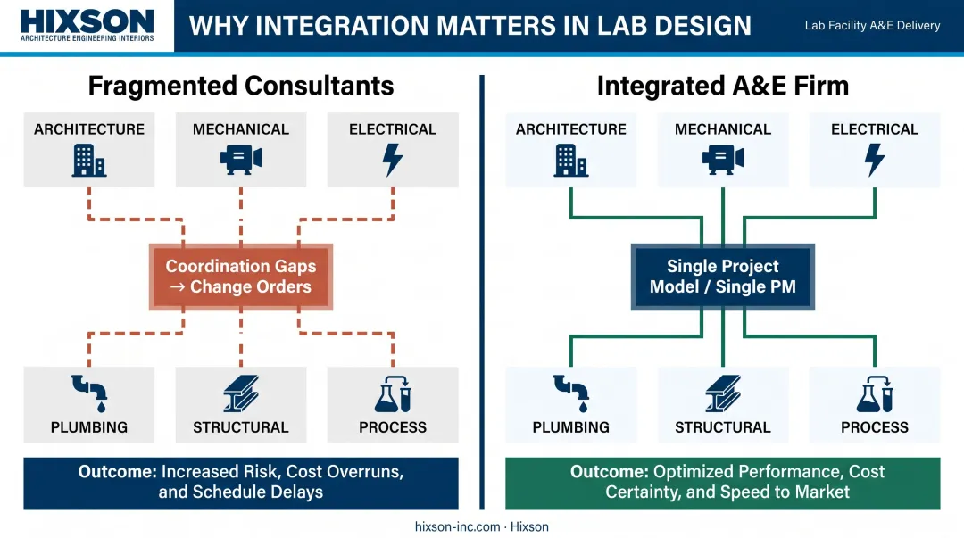 Integrated versus fragmented lab A&amp;amp;E firm structure side-by-side coordination comparison infographic