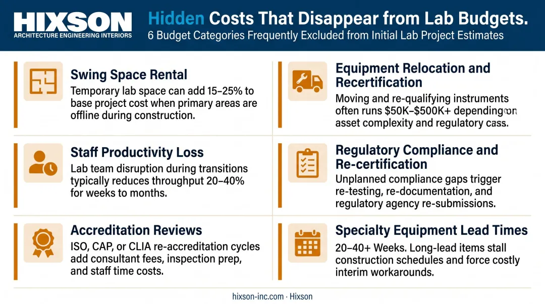 Six hidden laboratory project costs frequently omitted from initial construction budgets infographic