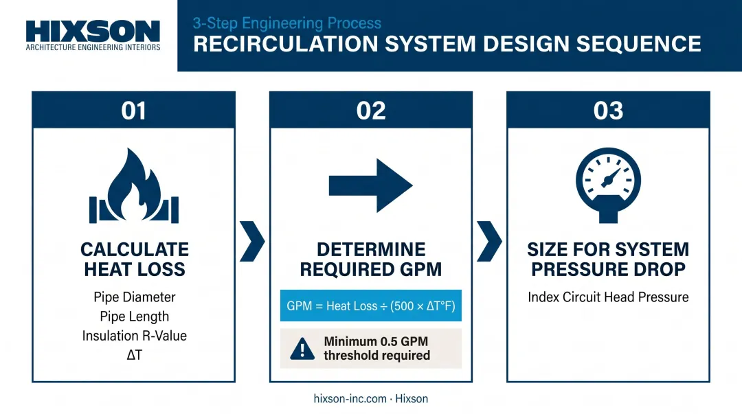 Three-step hot water recirculation design calculation sequence heat loss flow rate pressure