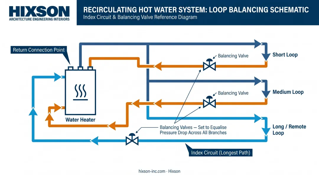 Hot water recirculation loop balancing valve placement diagram across multiple return branches