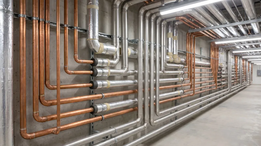 Stainless steel and copper piping materials used in commercial hot water systems