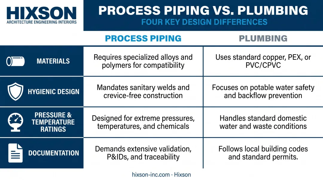 Process piping versus plumbing four-key-differences comparison infographic