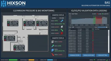 Cleanroom building automation system dashboard displaying real-time pressure monitoring and alarm setpoints