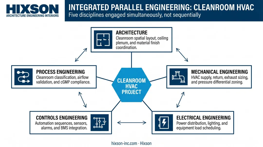 Multi-discipline cleanroom engineering coordination workflow showing parallel discipline dependencies