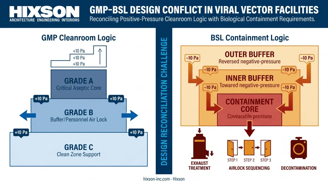 Viral vector BSL containment versus GMP cleanroom pressure differential design requirements infographic